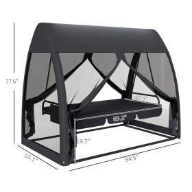 3 Seat Outdoor Swing Chair Convertible Covered Day Bed With Canopy, Mesh Netting, Steel Stand For Garden, Patio, Gray (Option: Gray Fabric)