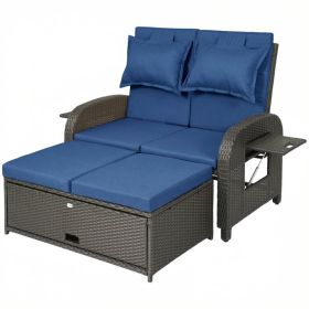 Patio Rattan Daybed, Wicker Outdoor Daybed with Storage Ottoman, Loveseat w/ Adjustable Backrest, Side Tables, Navy Blue (Option: Navy Blue-1170x755x290 mm)